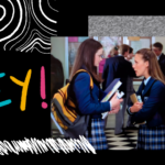 Digital collage featuring a still from Gilmore Girls of Rory Gilmore and Paris Geller in the hall at Chilton