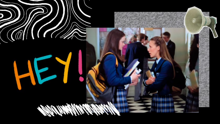 Digital collage featuring a still from Gilmore Girls of Rory Gilmore and Paris Geller in the hall at Chilton